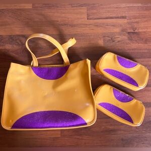 Clinique Yellow and Purple Women's Tote And 2 Bag Set